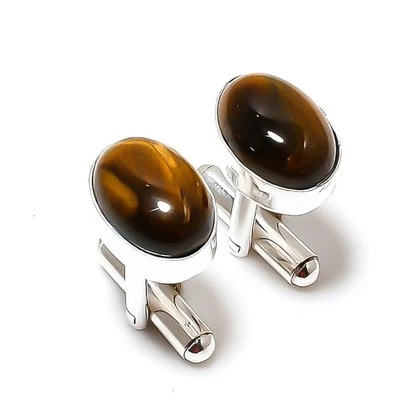 Tiger Eye Gemstone 925 Silver Handmade Cufflinks Stnd. - Image 1 of 3