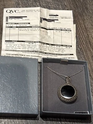 Vintage 1994 QVC Large Sterling & Marcasite Onyx Pendant W/ Chain Necklace - Image 1 of 4