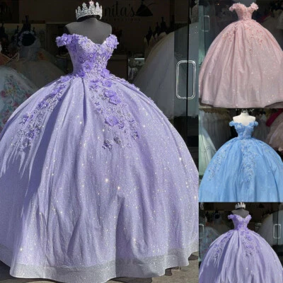 Glitter Quinceanera Dresses Off the Shoulder 3D Flowers Prom Sweet 16 Ball Gowns Foto 1 de 4