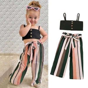 Toddler Kids Girls Summer Suspender Tops Vest Striped Wide Leg Pants Outfits Set - Picture 1 of 10