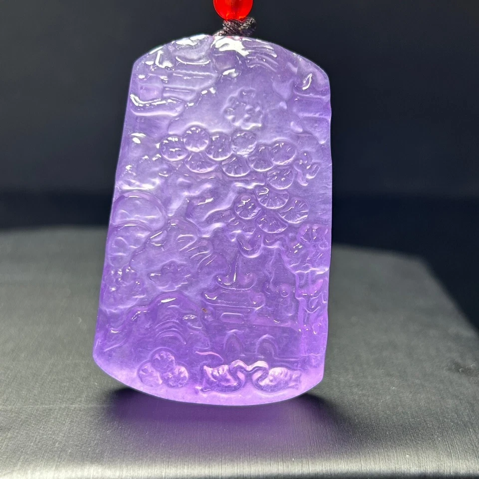 Colgante y collares de paisaje tallado jadeíta púrpura hielo natural real Foto 1 de 4