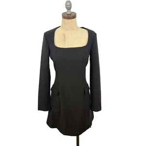 HALARA Square Neck Long Sleeve Flap Pocket Slim Fit Mini Dress S Black NWT B27 - Picture 1 of 6