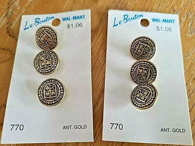 Vintage Le Bouton Metal Gold Tone Buttons Round 2 cards of 3 Shank USA  - Image 1 of 3