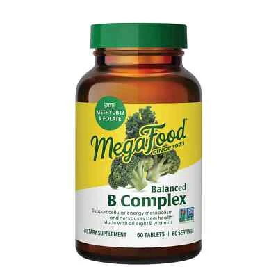 MegaFood Balanced B Complex 60 tabs - B6, B12, Folate, Biotin, Cellular Energy - Image 1 of 2