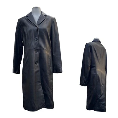 Vintage 90s Y2K KENNETH COLE Womens S Long Leather Trench Coat Button Classic - Image 1 of 4