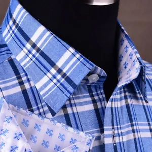 Clearance Blue Checkered Flannel Formal Dress Shirt Business Untucked Style - Picture 1 of 3