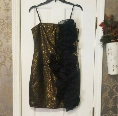 VESTIDO DE FIESTA/CÓCTEL MUJER ROBERT RODRIGUEZ, LENTEJUELAS NEGRAS DORADAS TALLA 4 NUEVO CON ETIQUETAS Foto 1 de 4