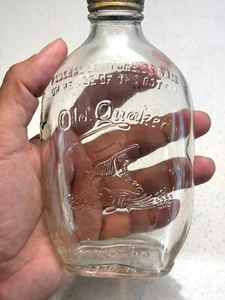 Vintage Old Quaker Whiskey Bottle - Embossed Glass with Cap - Picture 1 of 4