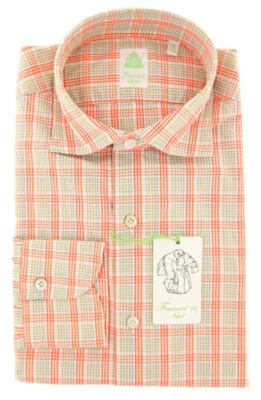 Finamore Napoli Orange Plaid Cotton Shirt - Extra Slim - (IS) - image 1 of 4