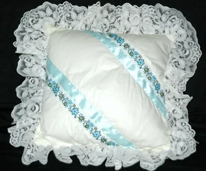 White Blue Ribbon and Lace Trimmed Toss Throw Pillow 15 x 15 - Cottage Core - Picture 1 of 4