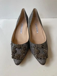 Manolo Blahnik Hangisi Jeweled Glittered Silver Satin Women's Pumps EUR 36/USA 6 - Picture 1 of 21
