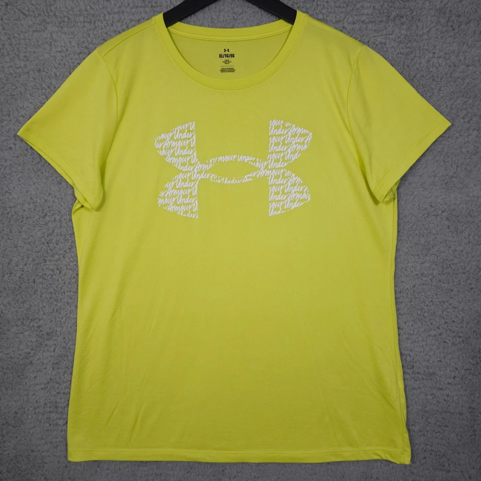 安德玛衬衫女式 XL 霓虹黄色绿色 UA Tech 图形运动服休闲 — 第 1/4 张图片