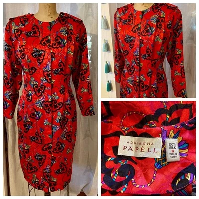 vtg 80s ADRIANNA PAPELL Red Tassel Print Silk Cocktail Dress Mod Wife Baroque 6 - Image 1 of 4