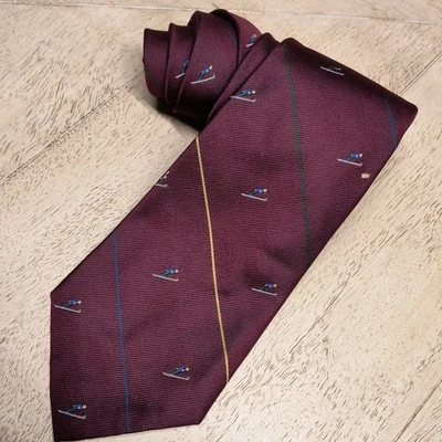 Corbata a rayas vintage Polo Ralph Lauren Ski Jumper Borgoña 100 % seda hecha a mano  Foto 1 de 4