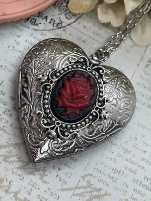 Heart Silver Black Red Locket Rose Gothic Necklace Photo Bride bridal wedding - Image 1 of 4