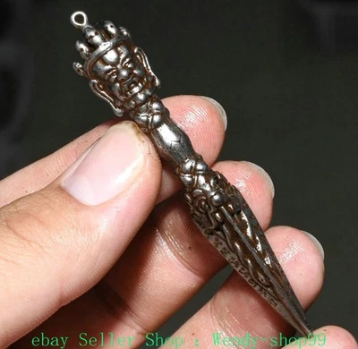1" Old Tibetan Temple Sky Iron Buddha Head Phurba Dagger Holder Amulet Pendant - Image 1 of 4