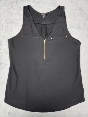 Camisa Express Para Mujer Grande Negra Cremallera Frontal Cuello en V Sin Mangas Blusa Sin Mangas Dorada Foto 1 de 4