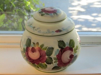 Vtg L.G. Wright Satin Glass Handpainted Roses Biscuit/Cookie/Candy Jar - Image 1 of 4