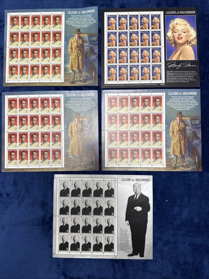 Lot Of 5 Sheets: USPS Legends Of Hollywood Assorted Stamp Sheets ~ 20 Stamps Ea - Image 1 of 1