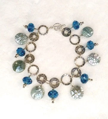 ** PRECIOSA Pulsera Azul Cristal y Concha Tono Plateado - Divertida - Playa ** Foto 1 de 4