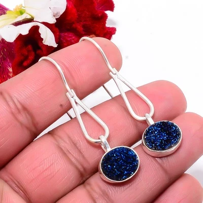 Pendiente Eléctrico Azul Titanio Ágata Drusy Plata de Ley 925 1.95" Sku31 Foto 1 de 4