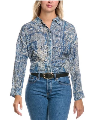 Camisa Johnny Was Martijn Azul Seda Estampado Denim Bordado Talla XS Foto 1 de 4