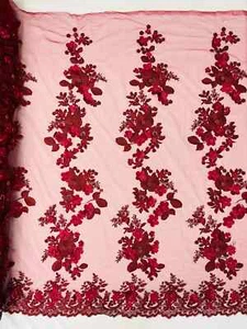 3D Rose Plant Fabric - Burgundy - Embroidered Flower Design Rose Fabric by Yard - Picture 1 of 3
