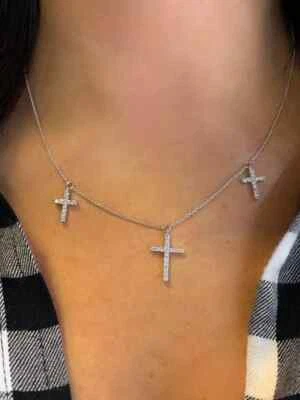 2Ct Lab Created Diamond Cross Choker Necklace 14K White Gold Plated Silver 18" - Image 1 of 3