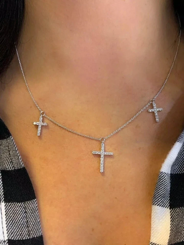 2Ct Lab Created Diamond Cross Choker Necklace 14K White Gold Plated Silver 18" - Image 1 of 3