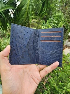 Black/Blue 100% Genuine Ostrich Leather Card Holder Real Skin Unisex Slim Wallet - Picture 1 of 7