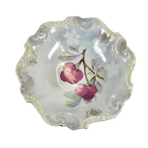 Antique J S V Germany Centerpiece Bowl Cherries Iridescent Gold Scalloped Edge - Picture 1 of 10