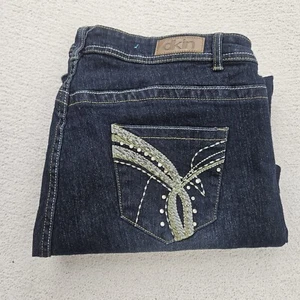 DKIN Blue Denim Jeans Women's Size 20W (36x29) Embroidered Rhinestones Raw Hem - Picture 1 of 14