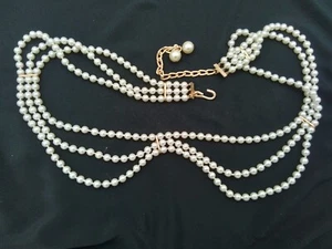 30 + 5" EXT VINTAGE HIPPY WAIST BELT WHITE FAUX PEARL STRING BEAD HOBO 1960s ERA - Picture 1 of 12