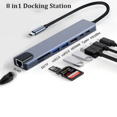 8in1 USB-C Dock to HDMI 4K/PD Charge/OTG Phone/Card Reader/Ethernet RJ45 USB HUB - Image 1 of 4