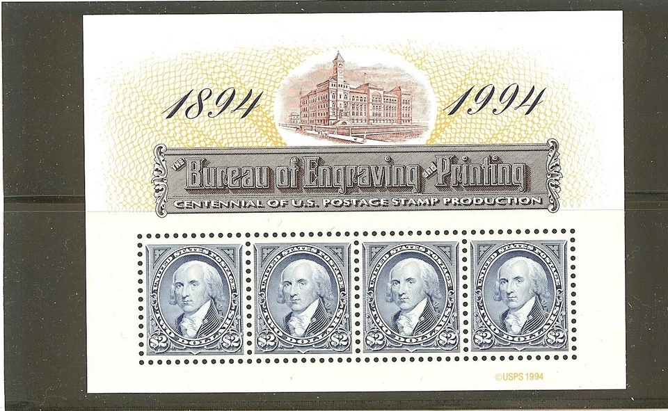US Scott # 2875 MNH souvenir sheet - $2.00 BEP Centennial Pane of 4 MNH - Image 1 of 1
