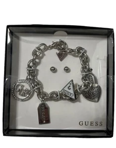 Silver Tone Charm Bracelet /Ball Earring Set NWT By Guess Valentines Day Gift - Picture 1 of 4