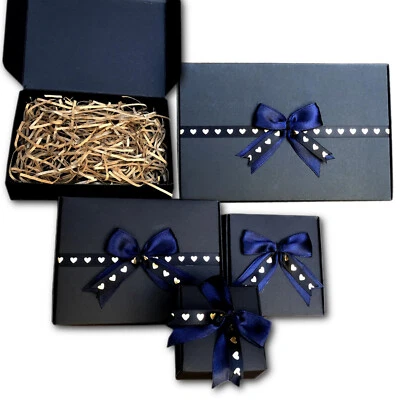 SMALL size black cardboard paper GIFT BOX with gold heart ribbon +hamper filling