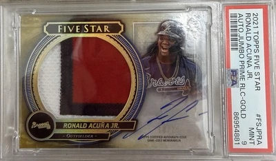 2021 Topps Five Star Ronald Acuna Jr Auto Jumbo Patch Gold /10 PSA 9  Relic - Image 1 of 2