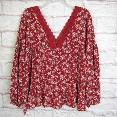 Blusa Top Mittoshop Roja Floral Arrugada Manga Globo Encaje Talla 1X Foto 1 de 4