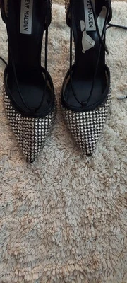 Mujer Valerie Stevens Cuentas Negro Tirantes Stiletto Punta Zapatos de salón Cuero Talla 9M Foto 1 de 4