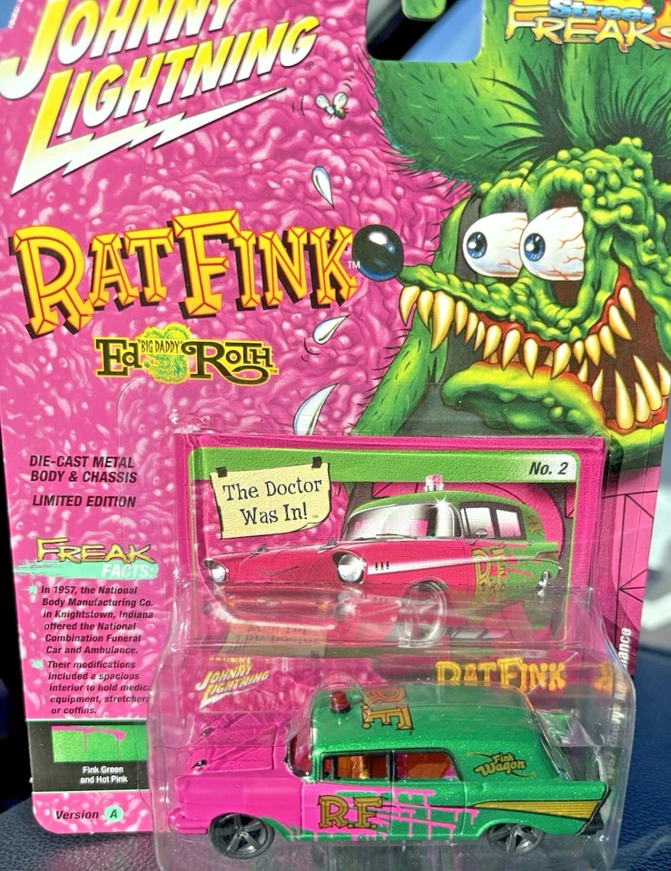 JOHNNY LIGHTNING 1957 CHEVY AMBULANCE RAT FINK STREET FREAKS pink/green  - Image 1 of 4