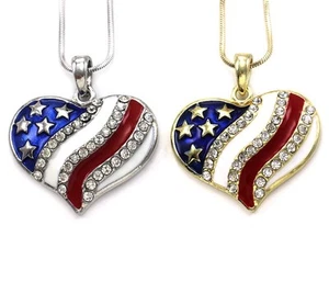 4th of July Independence Day Patriotic US Flag Heart Pendant Necklace Set s453gl - Picture 1 of 1