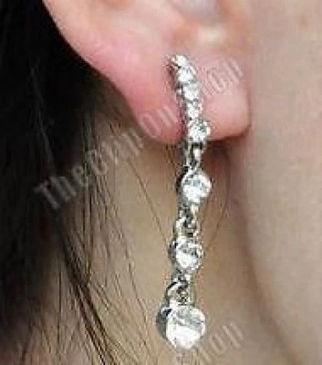PENDIENTES COLGANTES CLIP ON DIAMANTE CRISTAL 4cm largo brillantes Foto 1 de 3