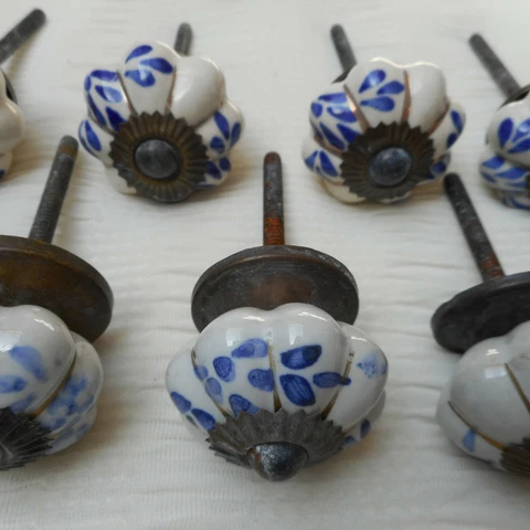ANTIQUE LOT 9 PORCELAIN DRAWER KNOBS PULLS HANDLES CABINET DOOR BLUE DELFT STYLE Cover