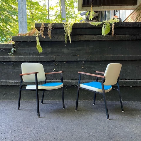 Pair Of Midcentury modern Metal White Vinyl And Blue green Tweed Lounge Chairs Cover