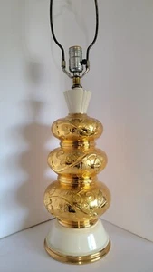 Vtg Mid Century Modern Weeping Gold and Ivory 3 Saucer Stacked Ceramic Lamp - Picture 1 of 7