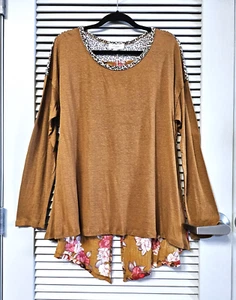 tan floral animal print color block top 1XL - Picture 1 of 4