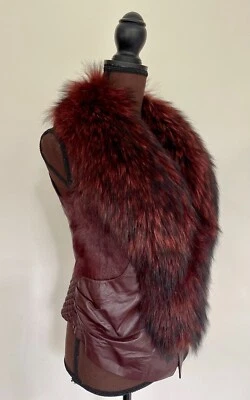 女士时尚正品狐狸毛皮皮革背心栗色棕色夹克外套 S 码 — 第 1/4 张图片