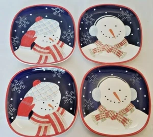 Snowman Portraits Zak Designs Debbie Mumm FOUR Square Salad Plates Snowmen - Picture 1 of 5