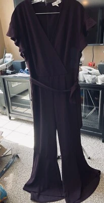 Macacão Neiman Marcus ameixa tamanho 12 perna alargada parte inferior do sino manga gorro cinto amarração - Imagem 1 de 4